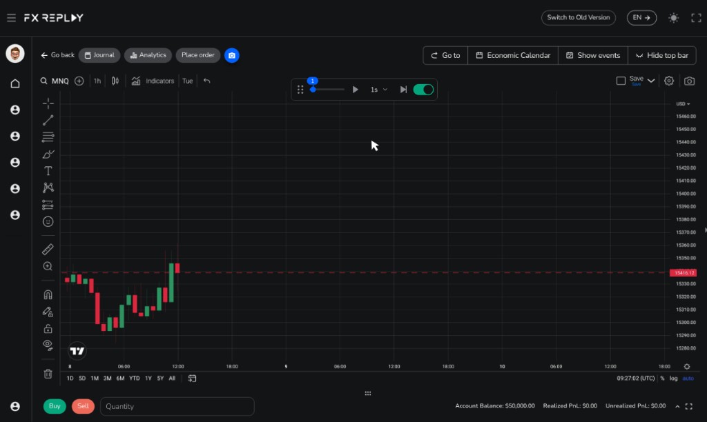 FX Replay Backtesting-Workspace mit TradingView-Chart, Playback-Steuerung und Buy/Sell-Orderleiste für MNQ